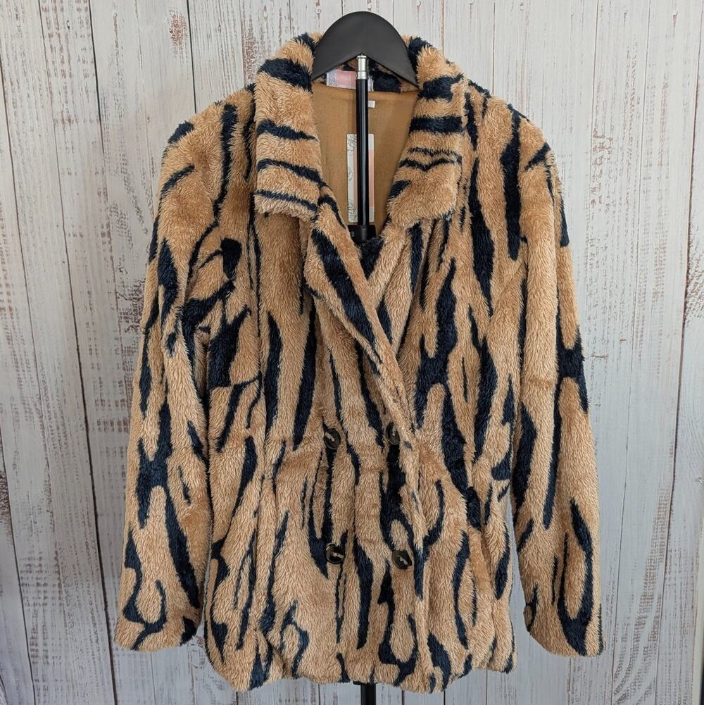 C+d+m Tiger Stripe Pea Coat Womens L Brown Plush Double Breasted Jacket Collared